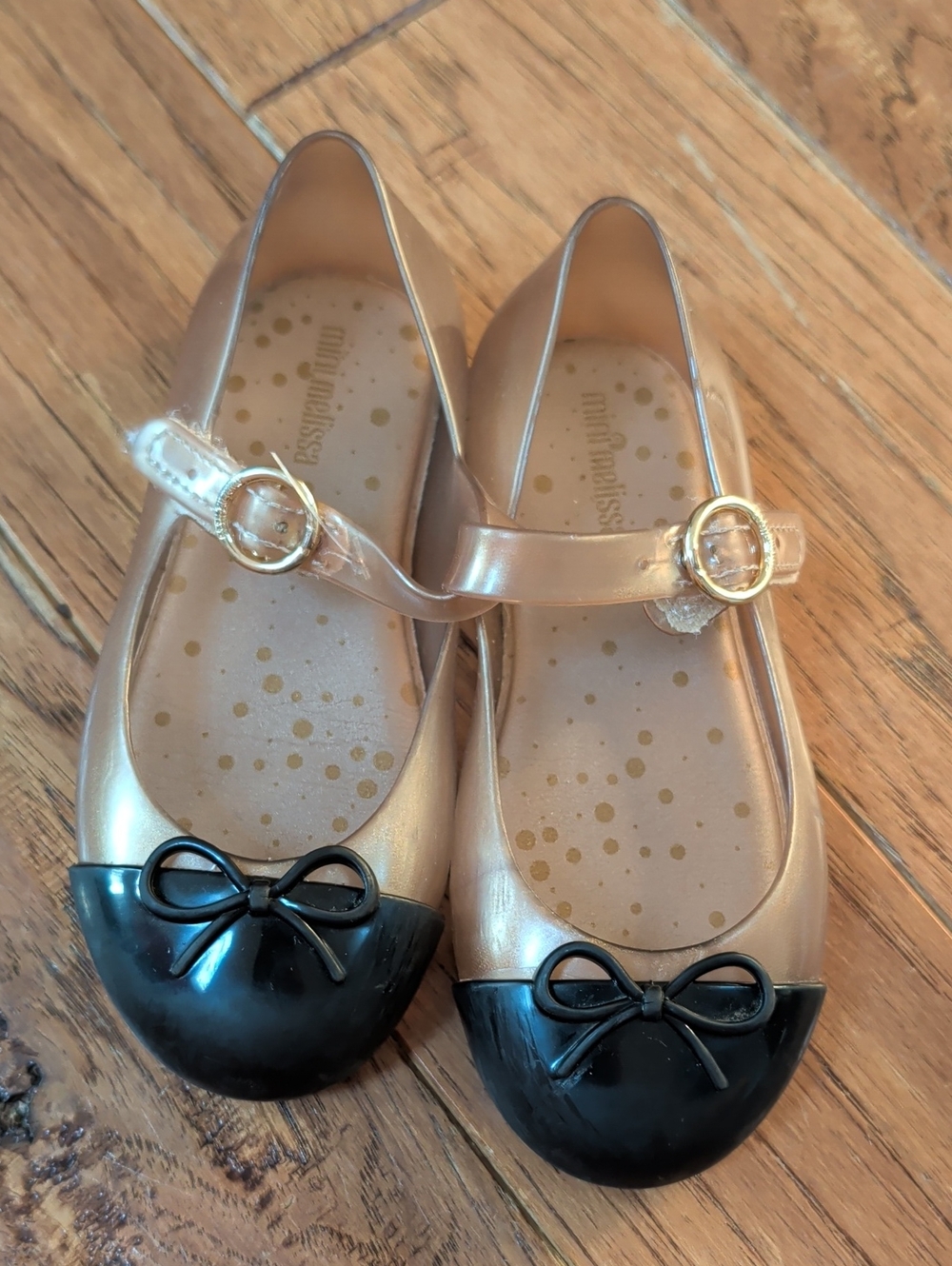 Mini Melissa Sweet Love Metallic Gold and Black Bow Mary Jane Shoes